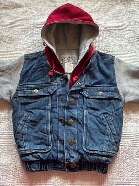 Ash Creek Trading Kids Denim Vest with Red Hood and Gray Sleeves